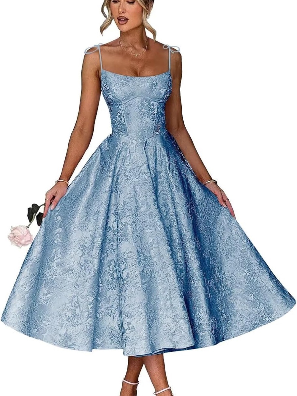 Blue jacquard tea length dress corset with pockets
